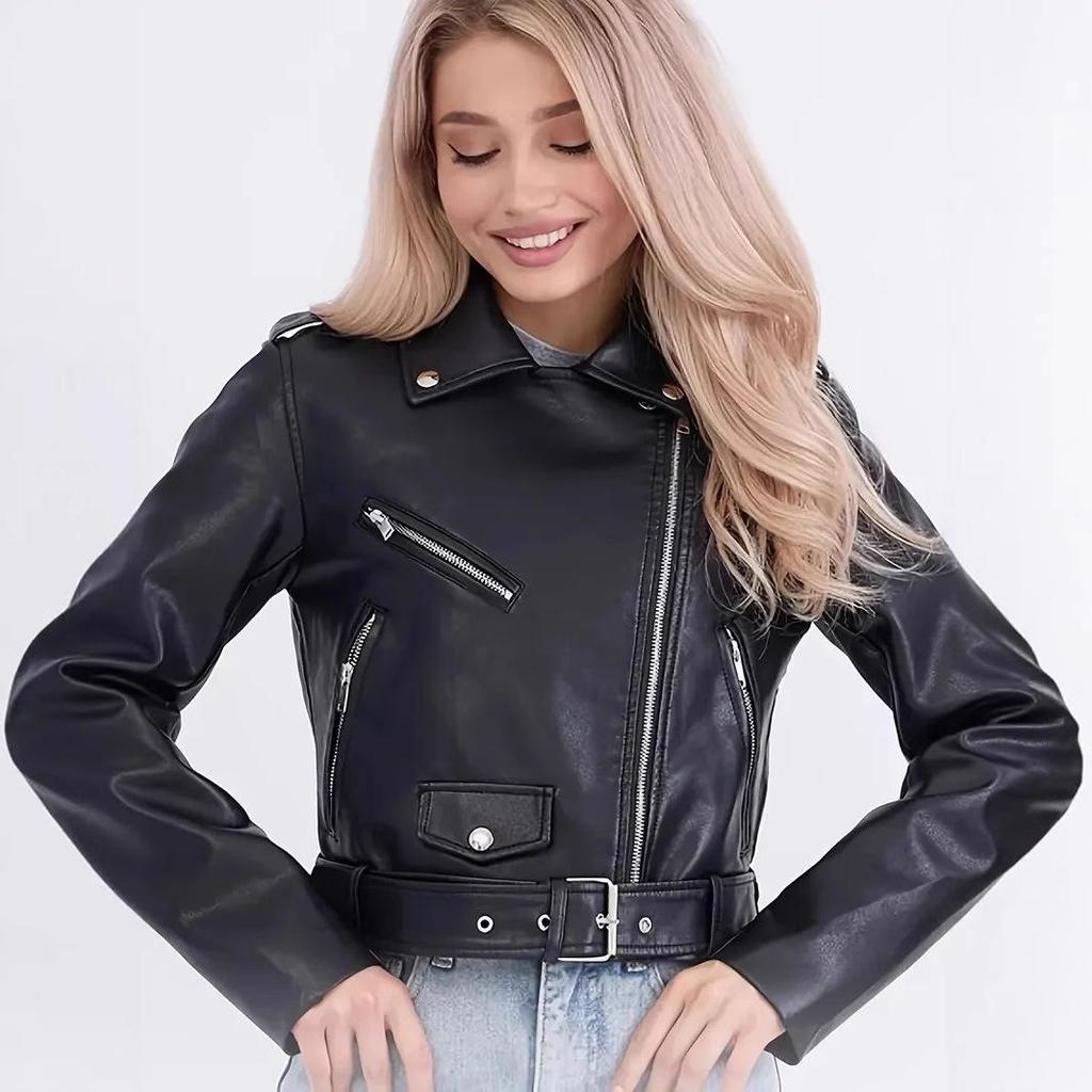 Damen Slim Fit PU-Leder Motorradjacke mit schrägem Reißverschluss