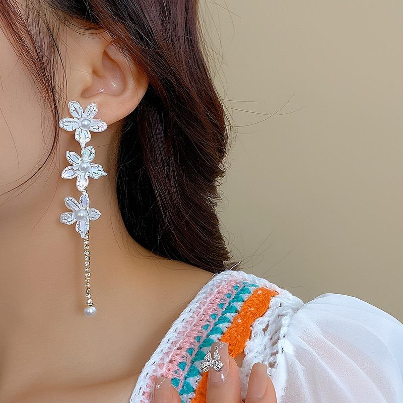 Pinkdudu New Tassel White Flower Dangle Earrings Korean style Resin Beads Long Drop Earring PD1886