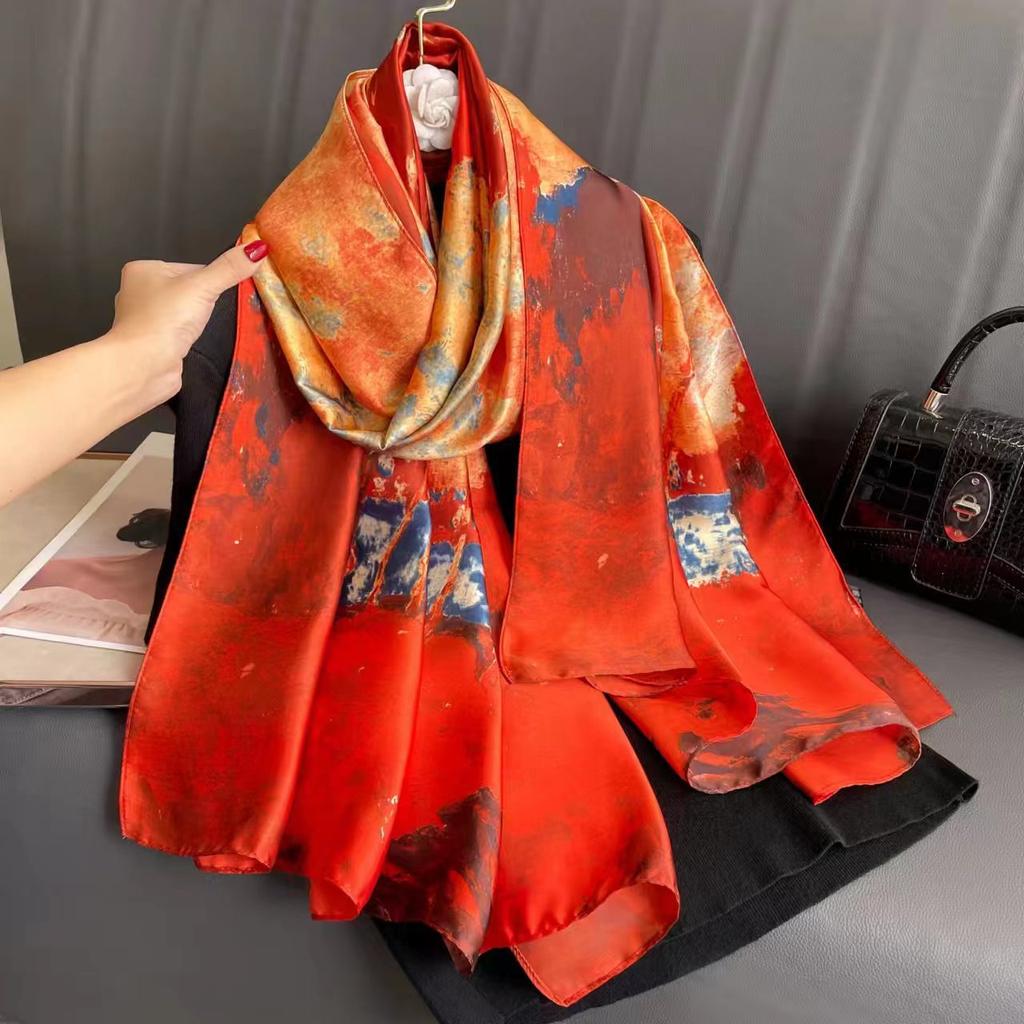 Silk scarf female spring and autumn fashion printing simulation silk temperament sarong thin section shawl scarf