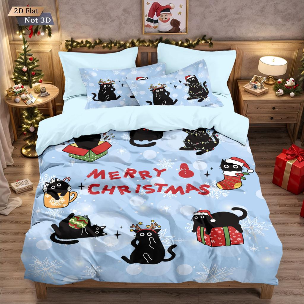 Cat Christmas Decor Comforter Cover Girl's Bedding Sets,Cartoon Print Quilt Cover 2 Pcs,Soft Twin Duvet Cover Set and Pillowcase