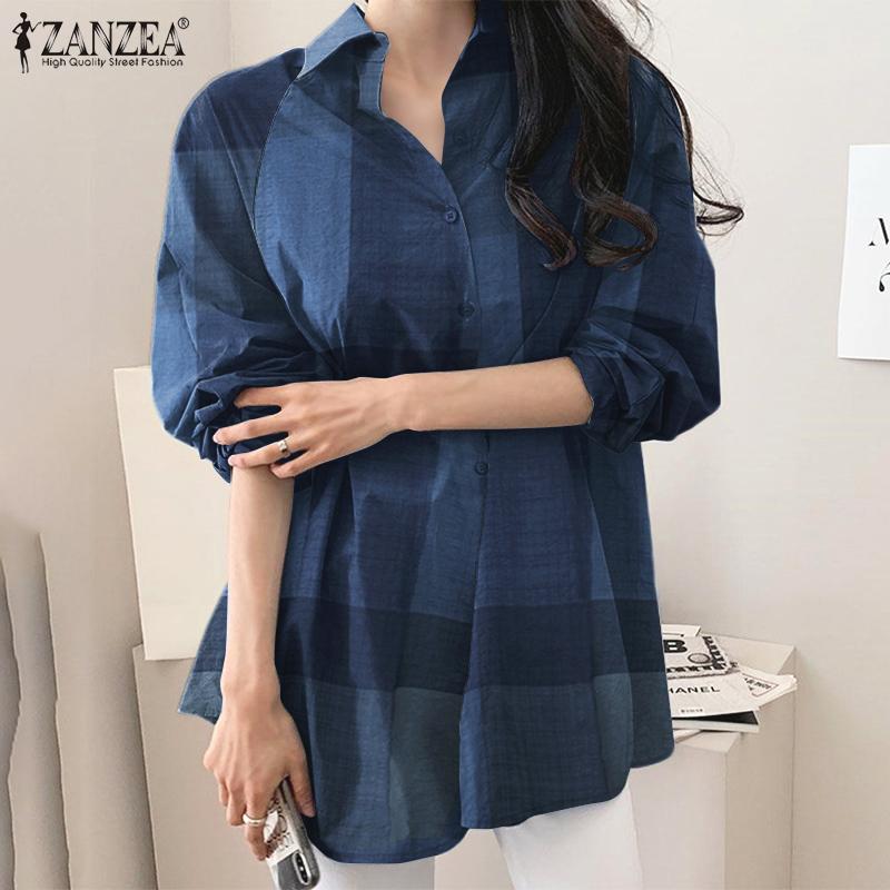 

ZANZEA Женская повседневная клетчатая блузка с длинными рукавами