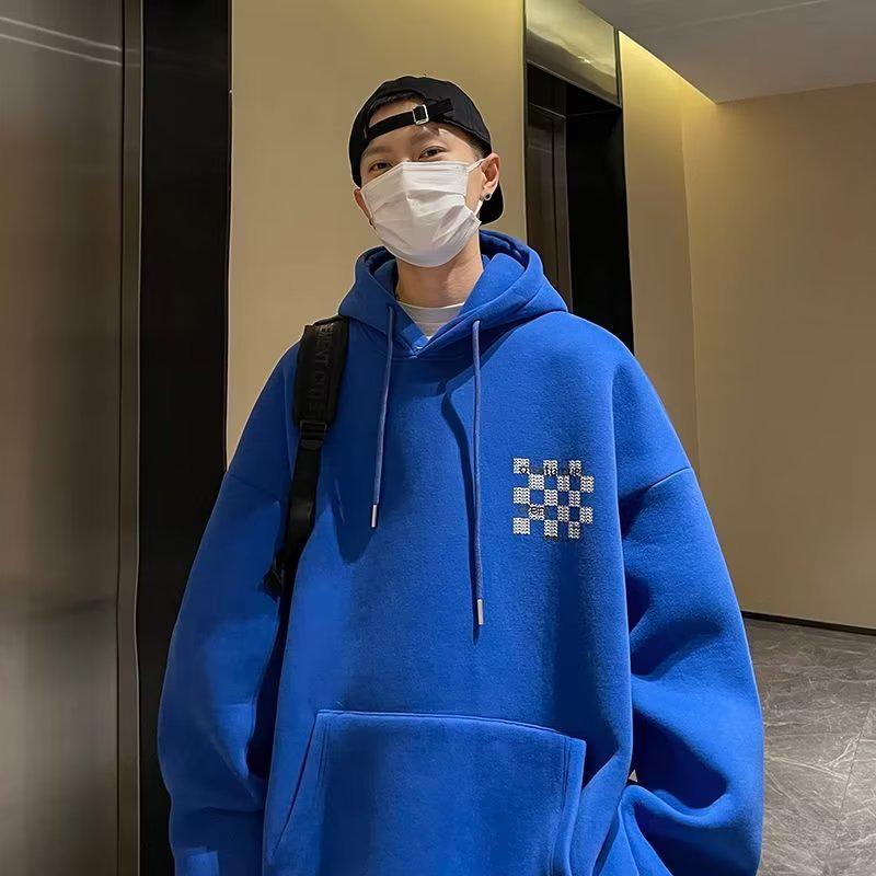 

Мужская толстовка с капюшоном: Трендовый гонконгский стиль, свободный крой, принт с буквами, универсальная куртка для весны и осени (2022). XL синий