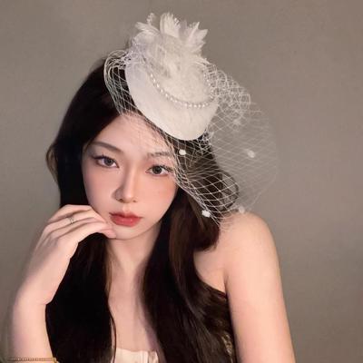 New Mesh Elegant Bridal Headwear Vintage Pearl Flower Pillbox Hats Temperament Mesh Wedding Veil Hat For Women