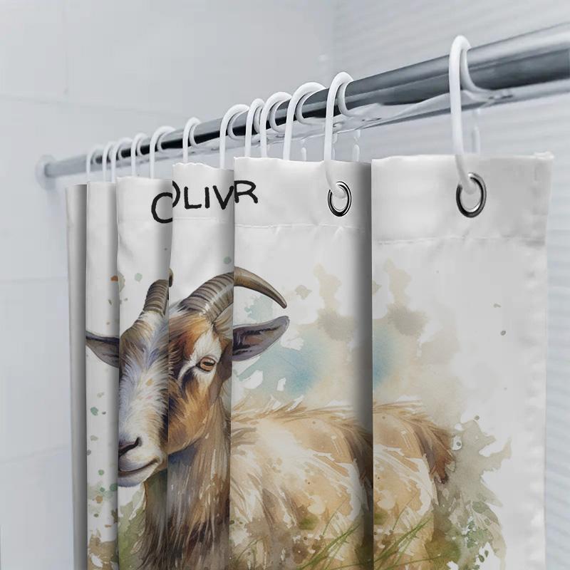 Customizable Art Print Goat Shower Curtain Bathroom Decor Olive Green Watercolor Painting Animal Home Decoration 18