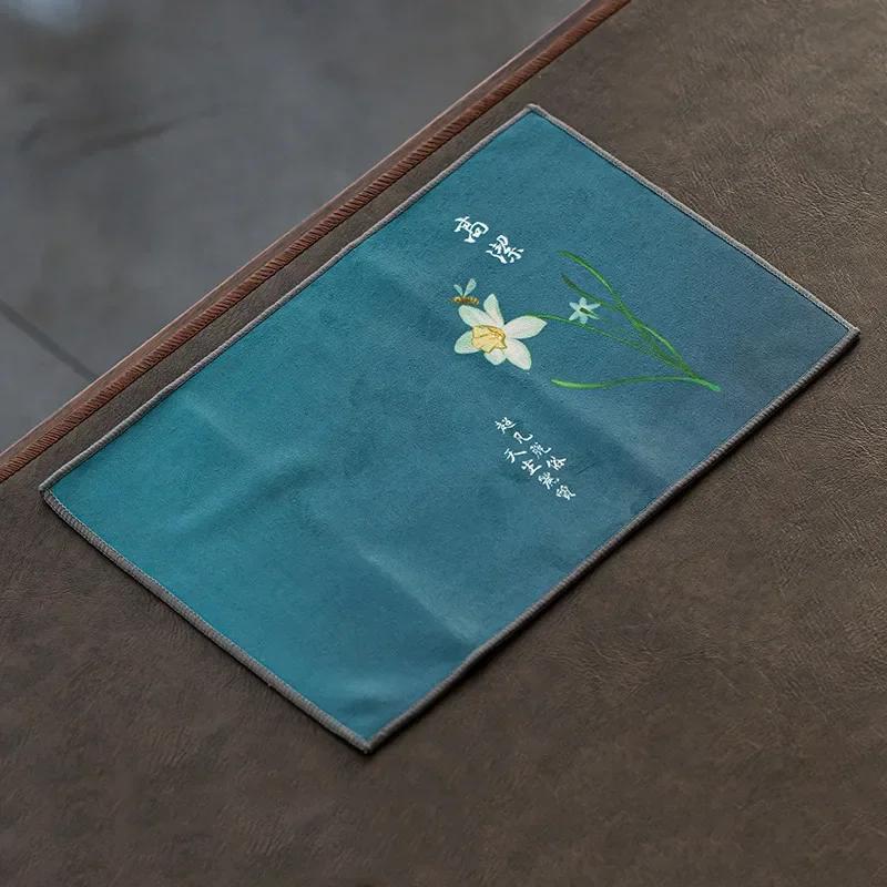 Chinese Painted Flower Pattern Thickened Tea Towel Plush Imitation Deerskin Absorbent Water Rag Tea Napkins Cloth Tea Ceremony