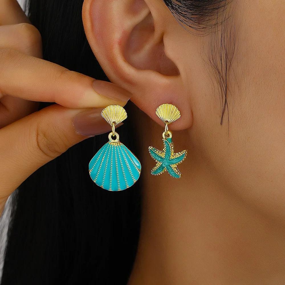 Asymmetric Ocean Style Starfish Shell Stud Earrings Imitation Pearl Zircon Jewelry Gifts for Women