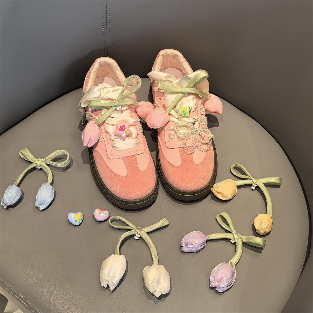 New Girl Pearl Crystal Bow Shoe Charm DIY Tulip Shoe Laces Charms for Sneakers Colorful Star Love Buckle Shoes Decorations