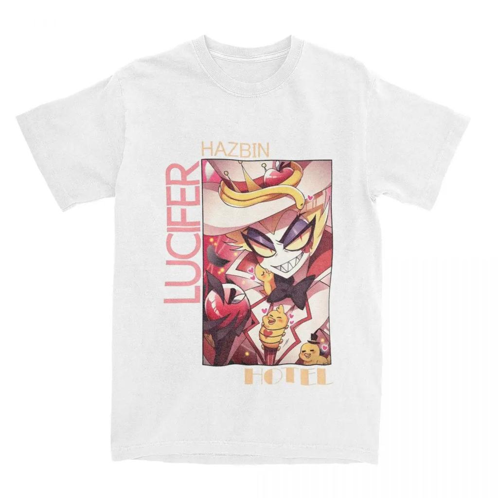 Humorous Hazbins Hotels Lucifer Kawaii T-Shirts Men Crew Neck 100% Cotton T Shirts Short Sleeve Tees Unique Tops