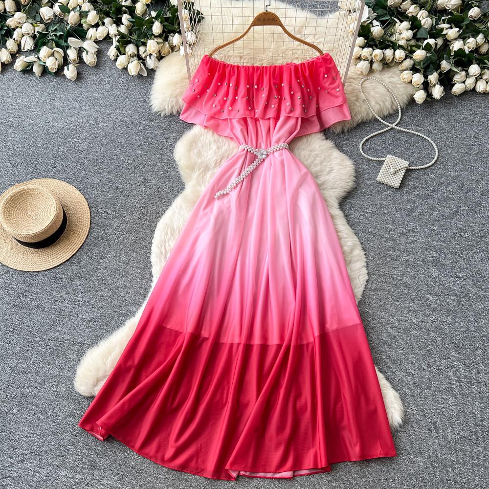 New Women's Summer Sleeveless Print Dress Pearl One-Neck High Waist A-Dress Commuter High Street Style