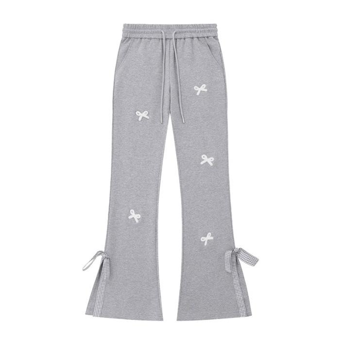 

Оригинальное исполнение Женские спортивные штаны микро-клеш с высокой талией на кулиске и с бантом, Осень 2024 Large серый