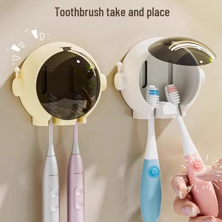 Bezprzewodowy, montowany na ścianie stojak do przechowywania elektrycznych szczoteczek do zębów i pasty do zębów z uchwytem na kubek do płukania ust.