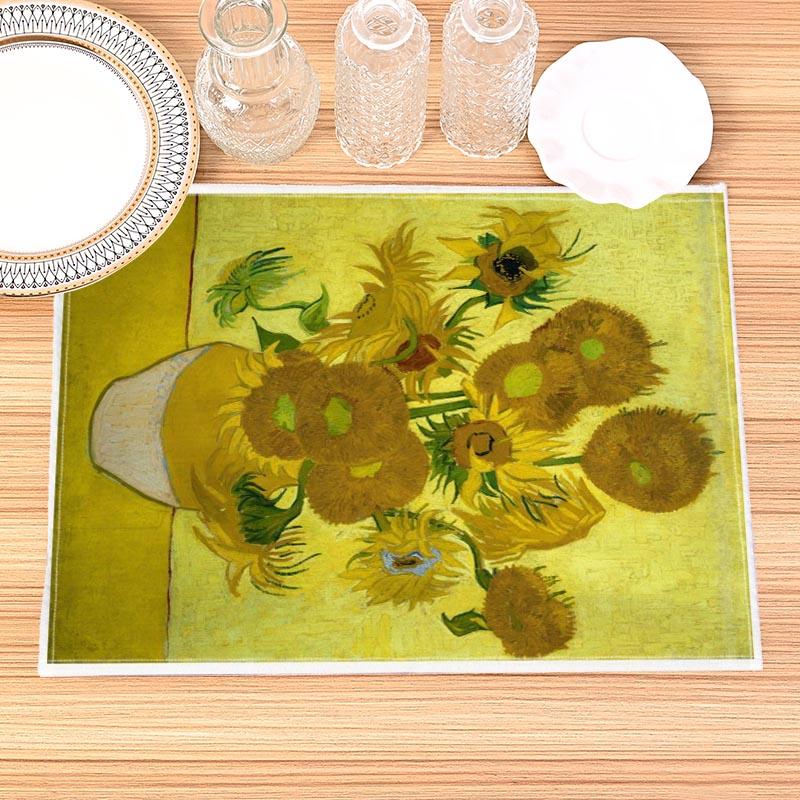 Van Gogh Painting Print Linen Dining Table Mats Kitchen Placemat 30X45cm Coasters Pads Bowl Cup Mat