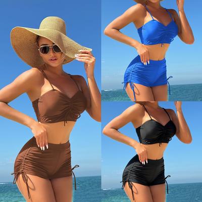 Set Bikini Colore Unico Vita Alta 2 Pezzi Costume da Bagno Tankini Coulisse Allacciatura Spalline Schiena Scoperta Costume da Bagno Abbigliamento da Spiaggia 2025 Nuovo