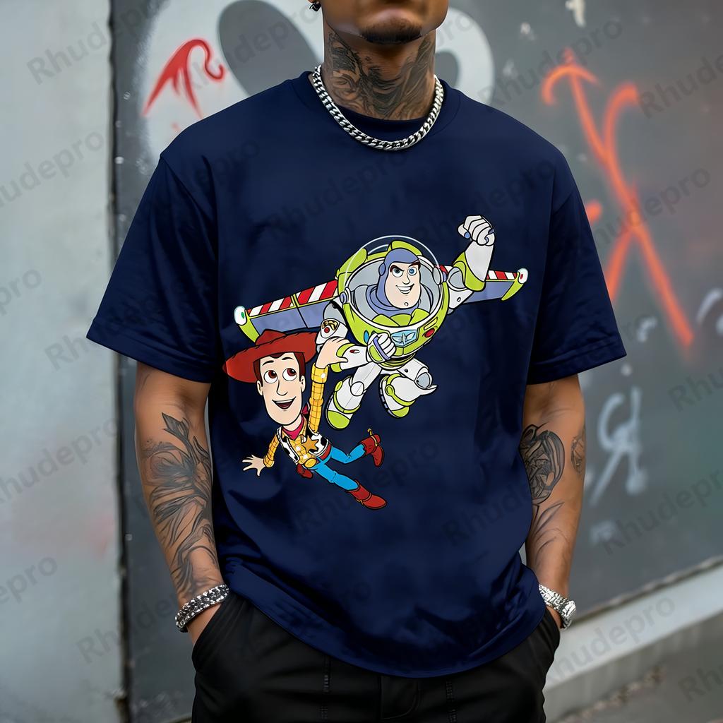 Disneys Trendy and Casual Toy Story Buzz Lightyear and Woody Printed Mens Summer Harajuku Casual Versatile Fashion Round