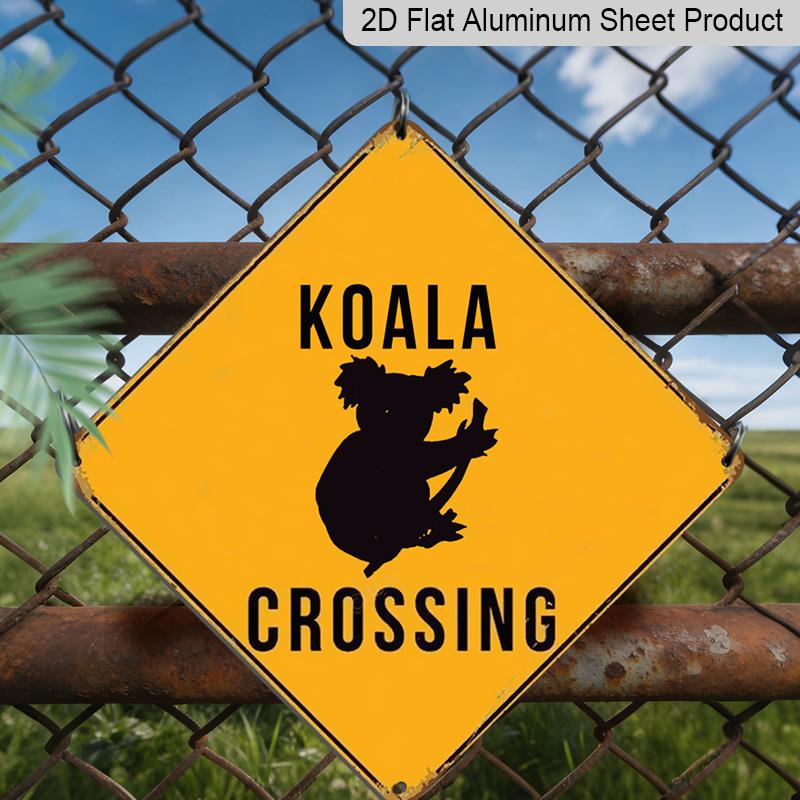 2D Flat 1pc, Vintage Koala Crossing Sign - Funny Warning Road Sign with Koala Crossing Xing Markings, Yellow Diamond Metal Caution Sign for