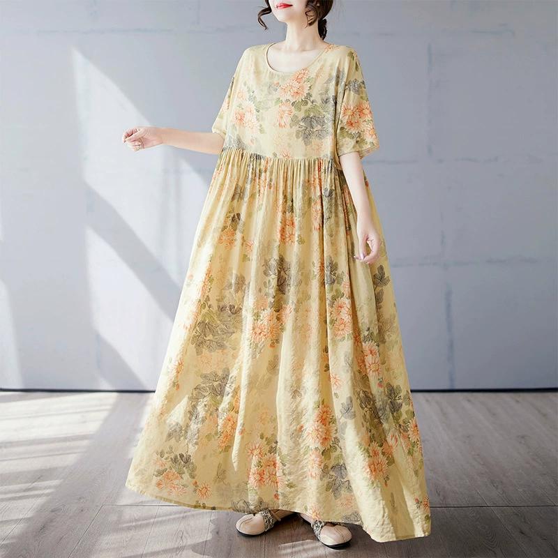 Plus Size Bohemian Print Maxi Long Dress for Women Floral Casual Cotton Linen Loose Vintage Vestidos Para Mujer Robe Dresses