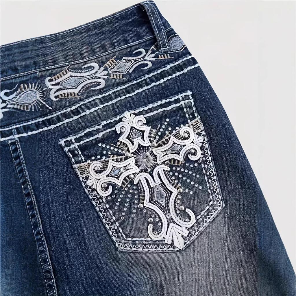 Modische Damen Schlaghosen Gesticktes Gesäßtaschendesign Mit Diamanten Akzentuiert Ganzjahresstil Mittlere Taille Lange Hosen