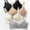 Beige Ribbed Wireless Bra with Lace Trim and Adjustable Straps