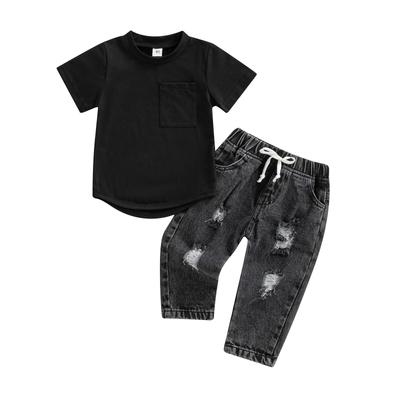 2-teiliges Set für Baby-Jungen, einfarbig, Rundhals-Kurzarm-T-Shirt, Oberteile + zerrissene Jeans, Denim-Hosen