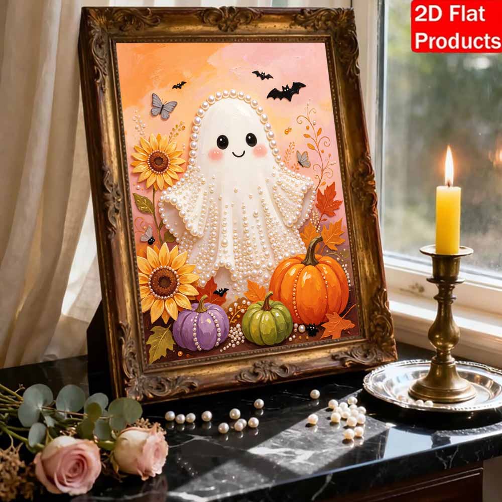 DIY Frameless Pearl Painting Kit Cute Ghost Sunflower Pumpkin Pattern 3D Shiny Bead Art Canvas Relaxing Creative Craft Home Decor Gift