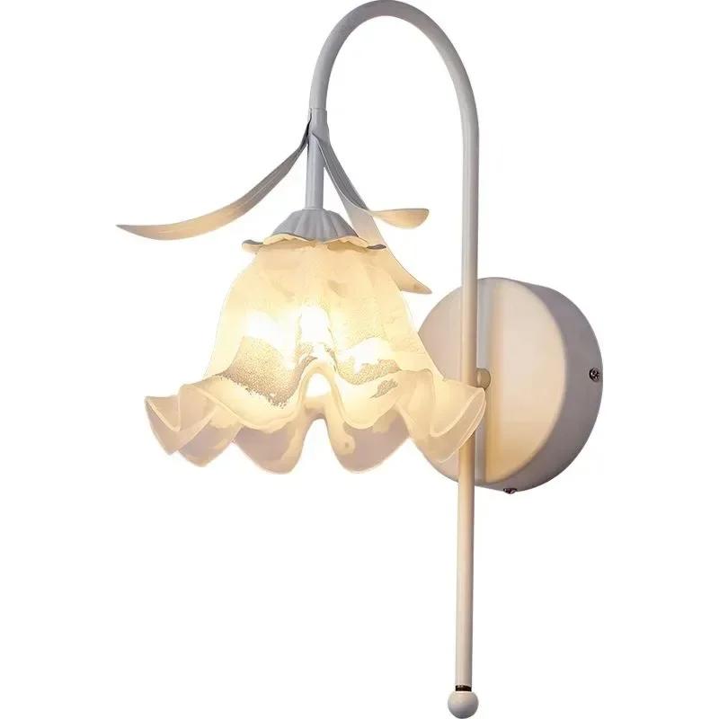 French Cream Flower Bedroom Bedside Wall Lamp Warm Rural Decorative Lights for Living Room Backround Aisle Stairway Sconces