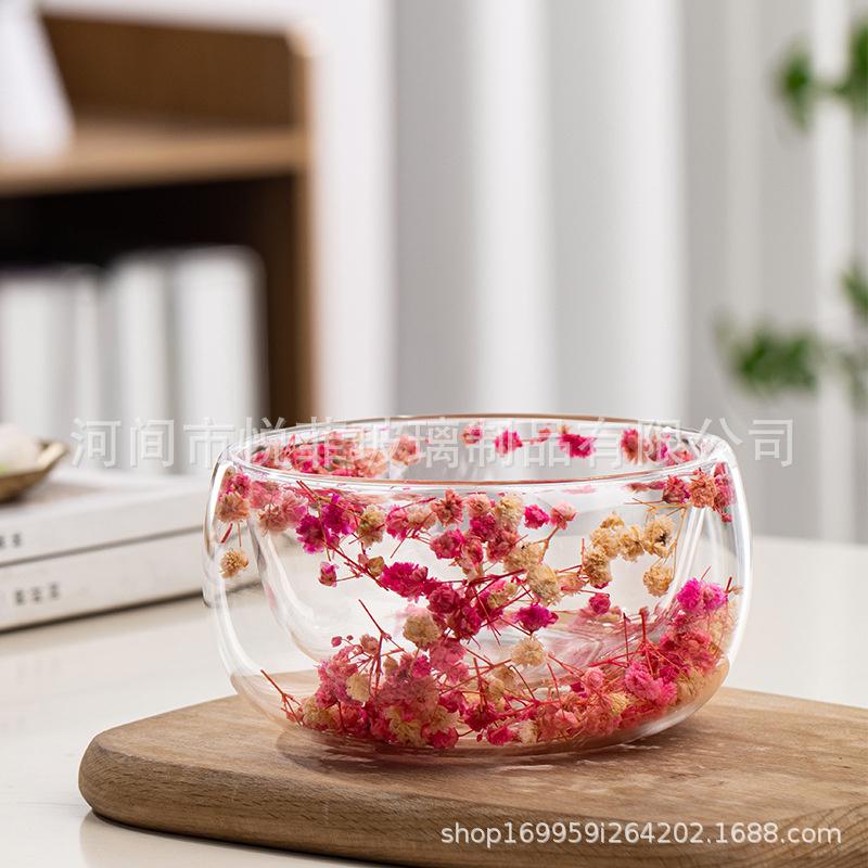 

Double Layer Glass Bowl With Dried Flower Decoration Insulated Salad Bowl Fruit Dessert Bowl Thick Heat Resistant Soup Bowl 300cm
