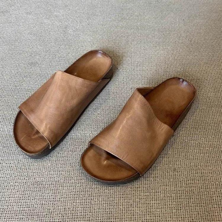 

Sheepskin version~ 2025 new summer leather outer wear thick-soled non-slip sandals lazy shoes half-toboken slippers women 38 хакі