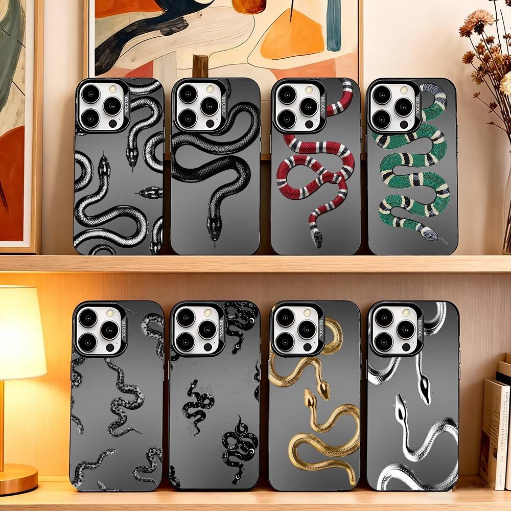 Stylish Black S-Snake Print Phone Case For iPhone 17,16,15,14,13,12,11 Plus,Pro Max,XS,Colored Silver Plated Inside Cover