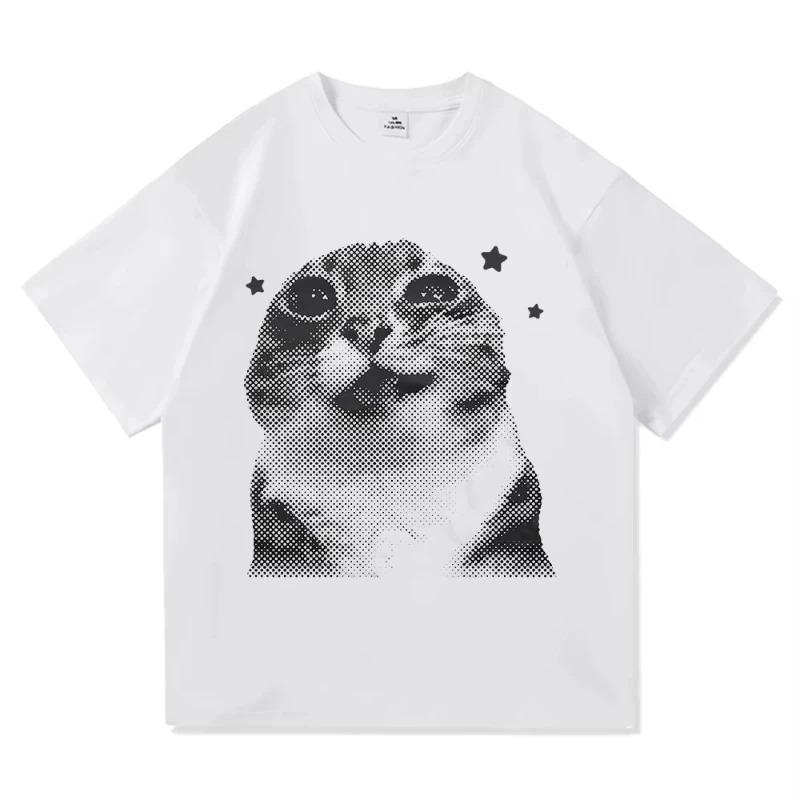 

Retro Halftone Cat Meme T Shirt Star Print Tee Short Sleeve Casual Summer Casual Neutral Clothing for Alt and Cat Lovers S