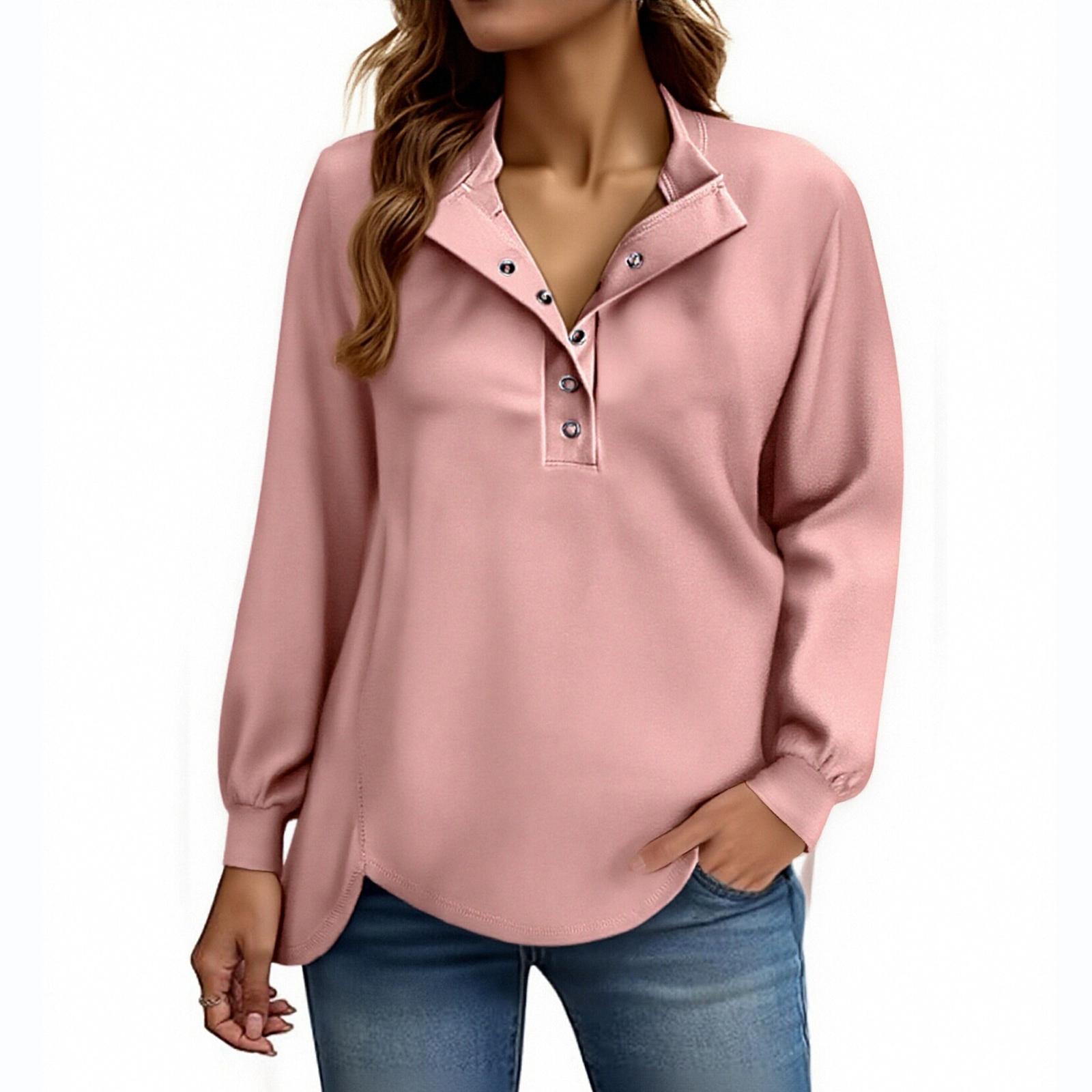 

Women s Fashionable Casual Solid Color Round Neck Button Long Sleeve Top Without Hood L