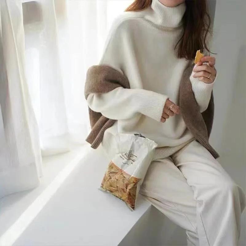 Autumn Women's Knitted Turtleneck Pullover Loose Thick High Neck Jumper Long Sleeved Korean Fashion Lazy Style Sweater Women