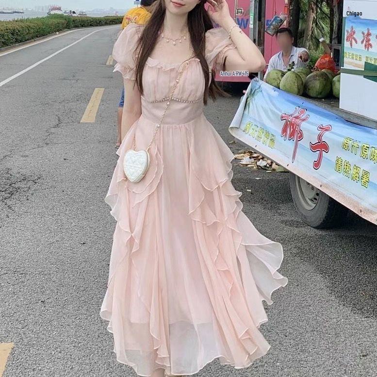 Chic Pink Chiffon French Square Neck Dress - Stunning Summer Elegance S