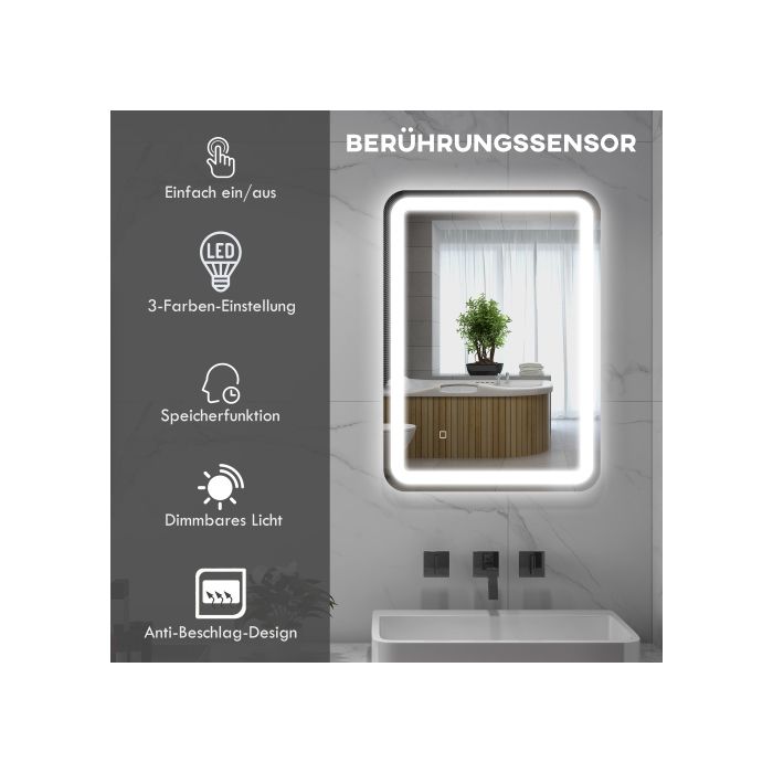 Kleankin Miroir de salle de bain LED, 50 x 70 cm, avec 3 lumières de couleur et interrupteur tactile, IP44