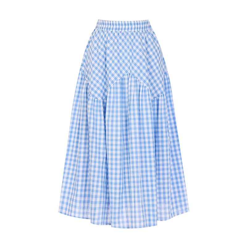 Sally Check Pattern Elastic Long Skirt_I6B-Csk003