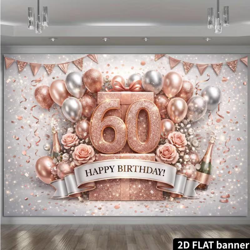 Sfondo 2D Oro Rosa per 60° Compleanno con Fiori & Scatola Regalo Striscione per Festa