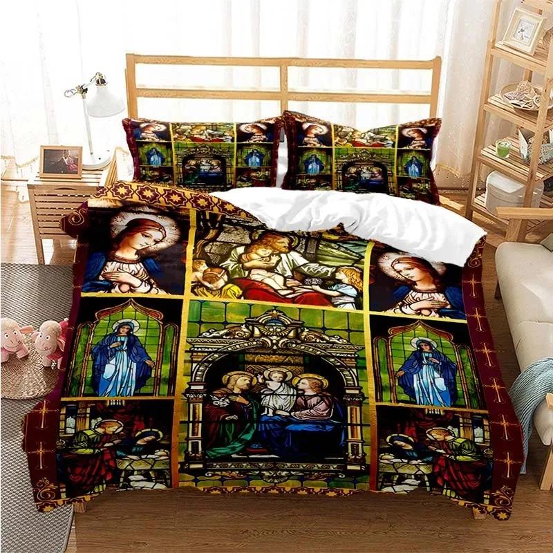 3D Jezus Maagd Maria Comfortabel Dekbed Dekbedovertrek Kussensloop Beddengoed Set Kinderkamer Decoratie Huis Textiel