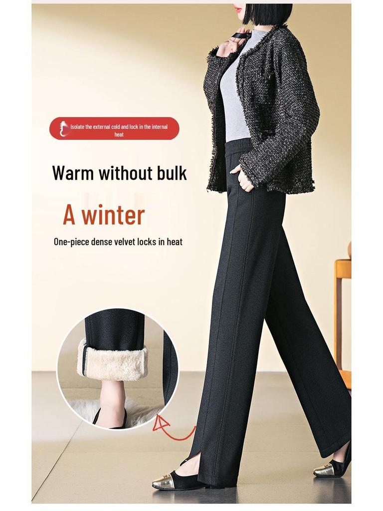 Women's Wool Blend Elastic Waist Pants: Straight, Narrow, and Wide Leg - Slimming, Plus Velvet, Plus Thick, Winter 2024 Style, Casual and Long.