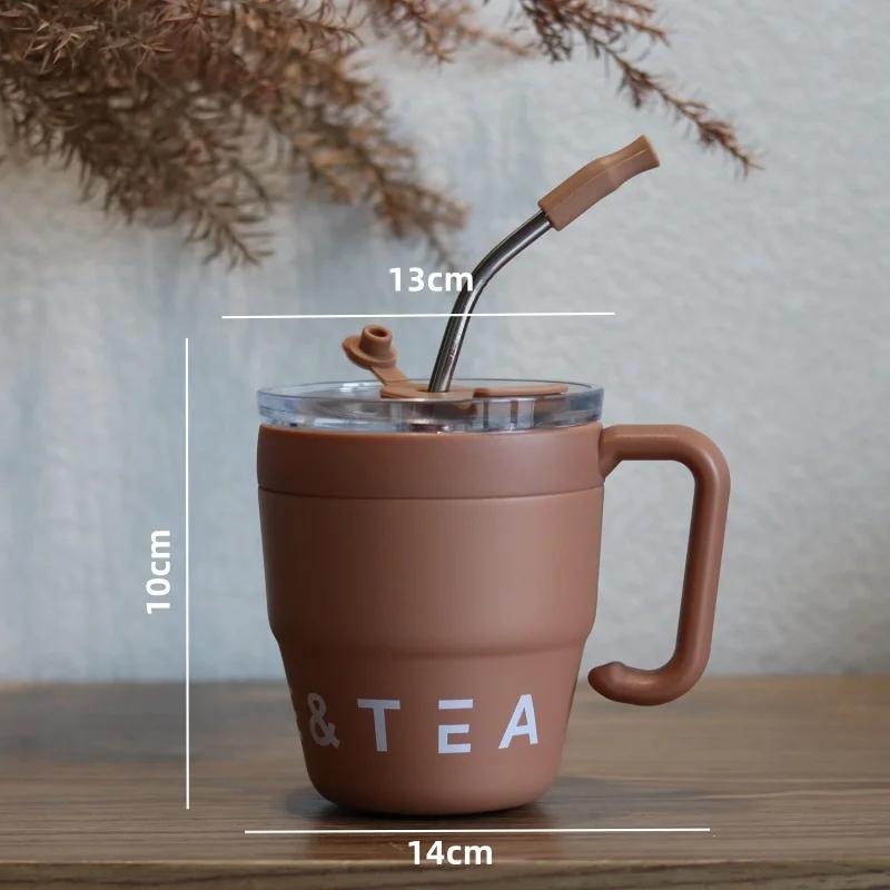 480ml Coffee Cup with Straw Lid Stainless Steel Thermos Mug for Hot Cold Drinks Water Tea Milk Office Outdoor Portable Bottle