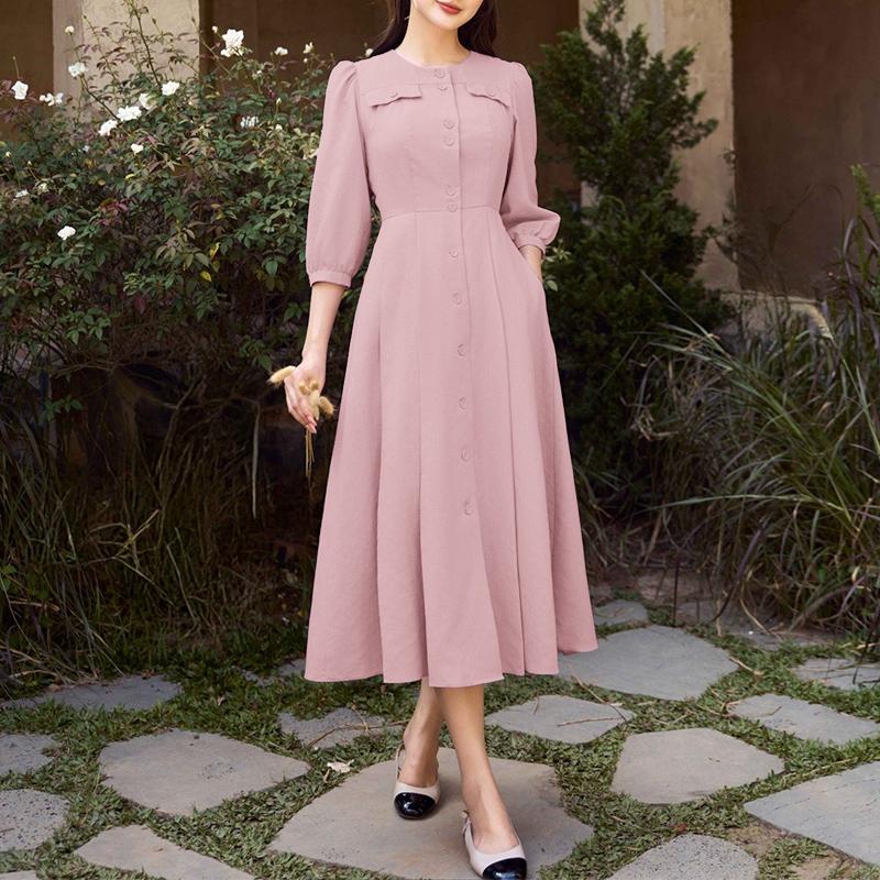 

ZANZEA Женское повседневное платье с круглым вырезом и однотонным принтом, рукав 3/4 S розовый