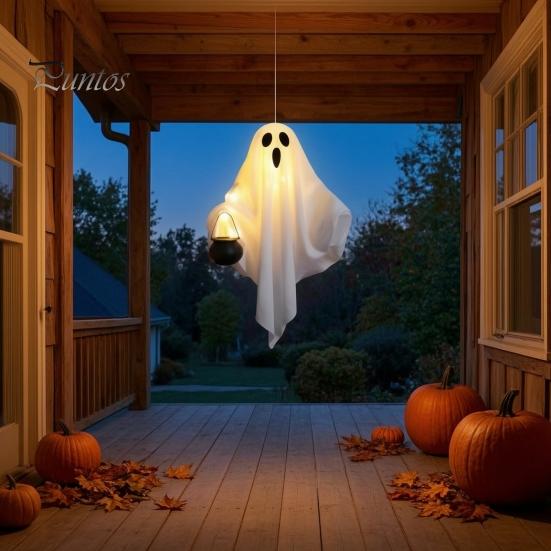 Halloween Tree Hanging Accessories Ghost with LED Lights, Spooky White Gauze Glowing Ornament, Unique Gift Ideas Flexible Figures for Outdoor