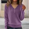 Women's Fashion V-Neck Button-Front Long-Sleeved Knit Top Solid Colour Loose-Fit Blouse
