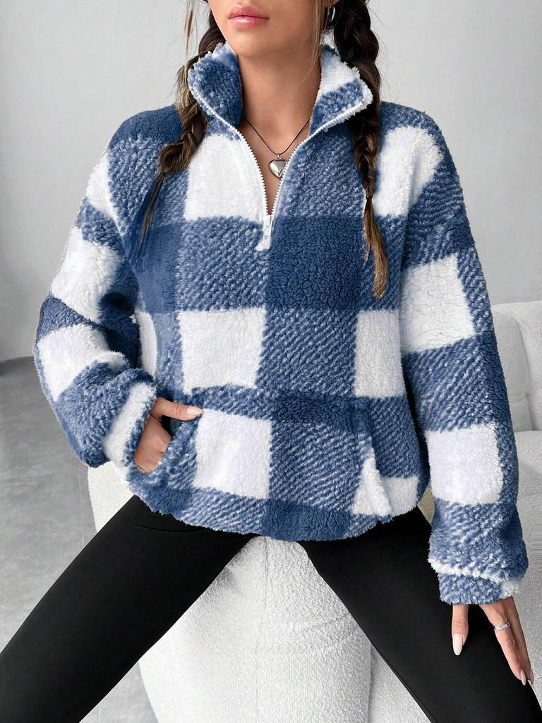 2025 Cross-Border Plaid Plush Long-Sleeve Women's Casual Sweatshirt with Pockets