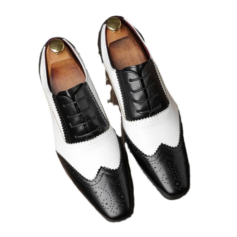 New Men's White Black Mix Patchwork Pointed Leather Casual Oxfords Shoes Male Wedding Dress Homecoming Footwear Zapatos Hombre