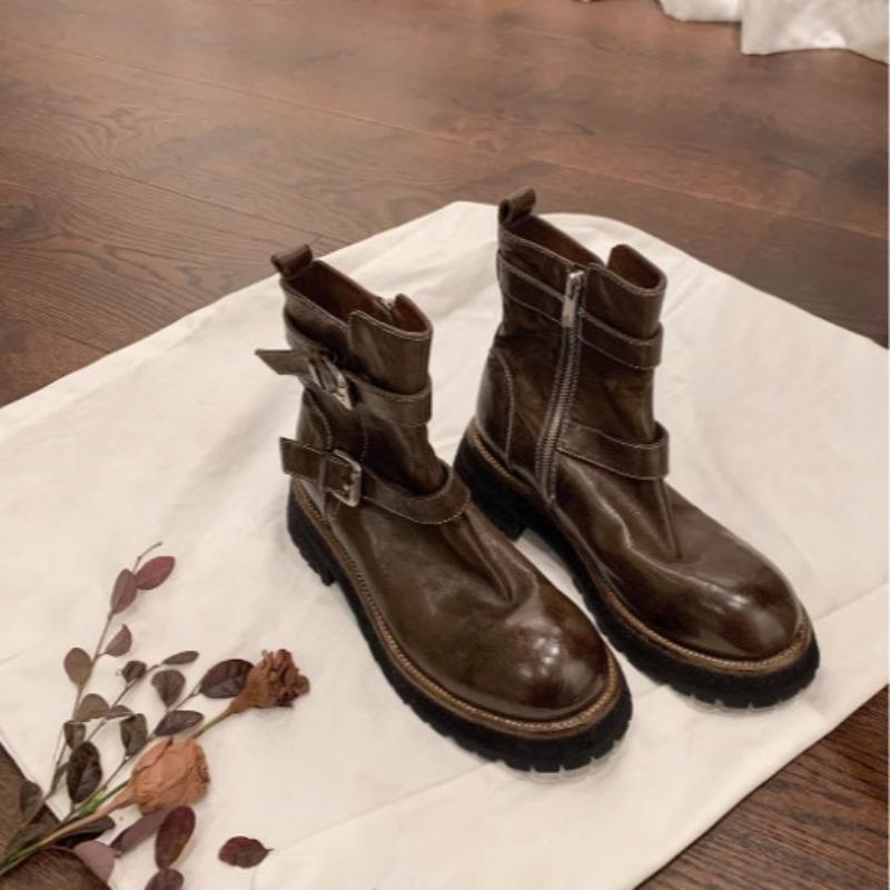 Washed cowhide leather retro short boots women's versatile and thin locomotive boots thick heel belt buckle Martin boots