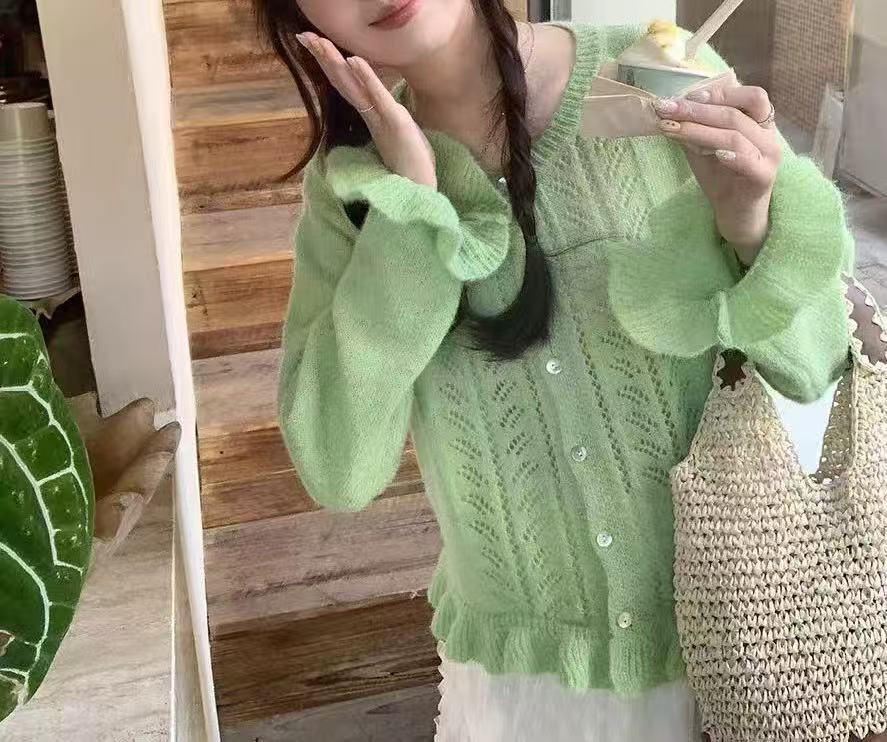 Spring 2026 Women's Gentle Hollow Knit Cardigan with Sweet Lace Hem