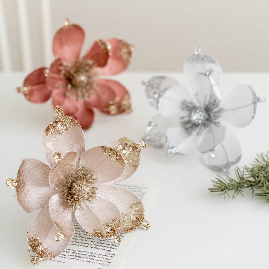 20cm Simulated Christmas Flower Magnolia Glittering Pink Sequins Decorative Flower Christmas Decor Xmas Tree Wreath Accessories