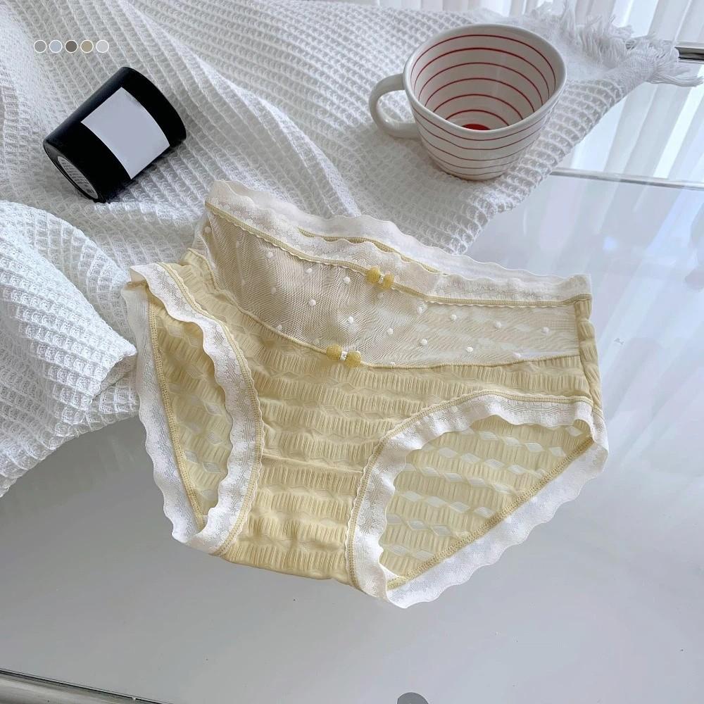 Mid Waist Underwear for Women Bow Mesh Briefs Summer Lace Seamless Panties Female