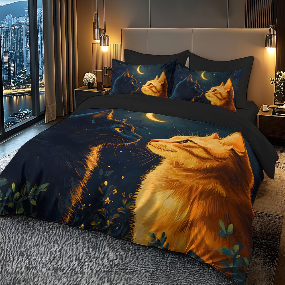 Bedding Set With Digital Print Dreamy Cat Silhouette Design Theme Full Polyester Fleece Digital Printed Duvet Cover Set