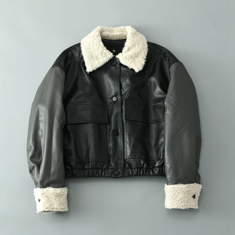 

Пальто из кожи ягненка, женское, осенне-зимнее, стильное, модное, экспортное, модное, короткое, утолщенное, мотоциклетная куртка Black L