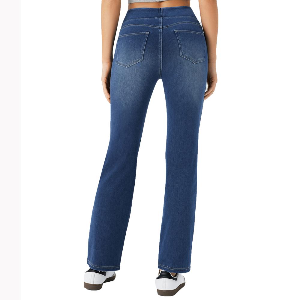 Shascullfites High Waisted Tummy Control Bootcut Jeans Blue Washed Stretchy Knit Casual Multiple Pockets Pull-On Petite Jeans